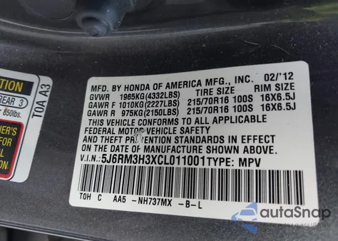 2012 Honda Cr-V Lx z USA, uszkodzony, nr VIN 5J6RM3H3XCL011001